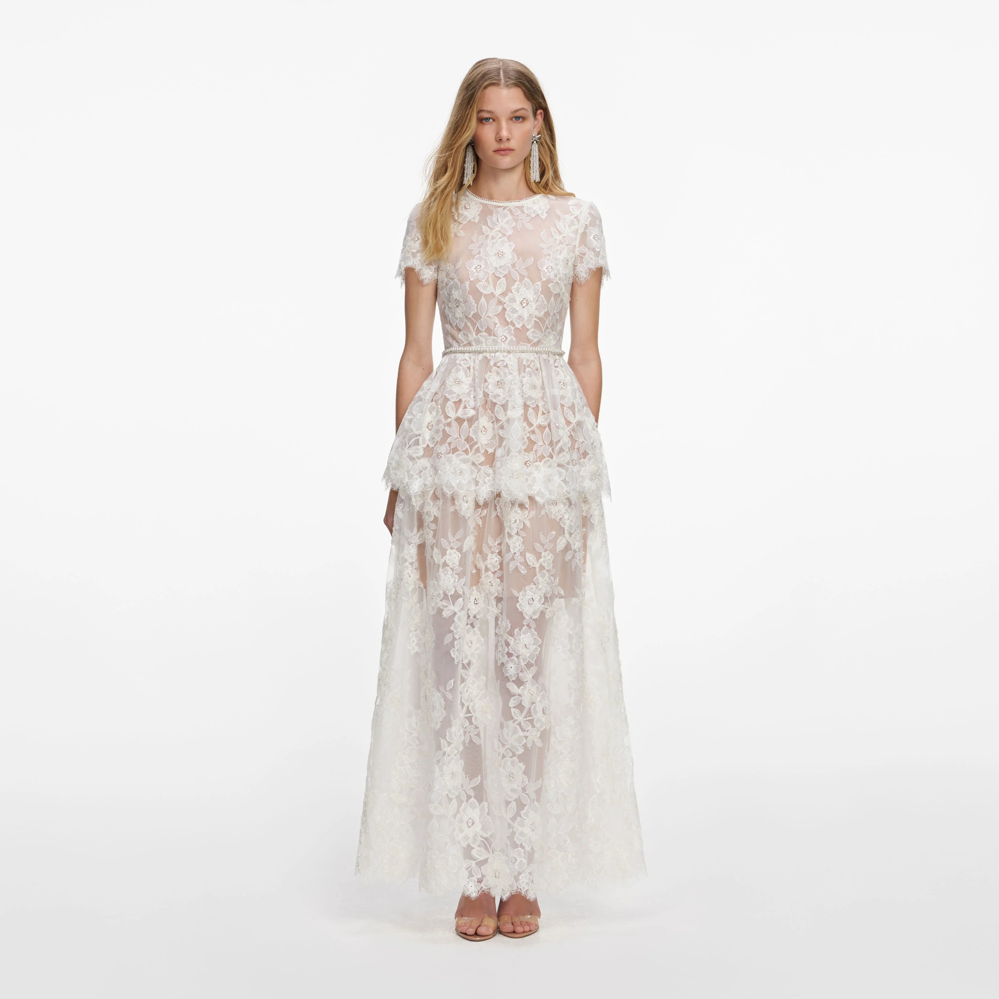 White Sequin Lace Tiered Maxi Dress