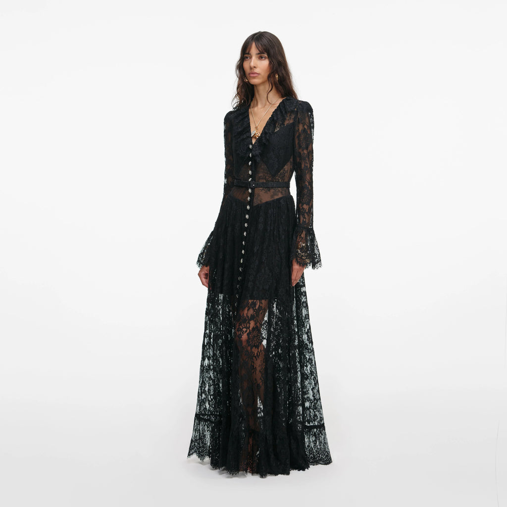 Black Lace Ruffle Maxi Dress