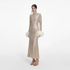Champagne Rhinestone Feather Midi Dress