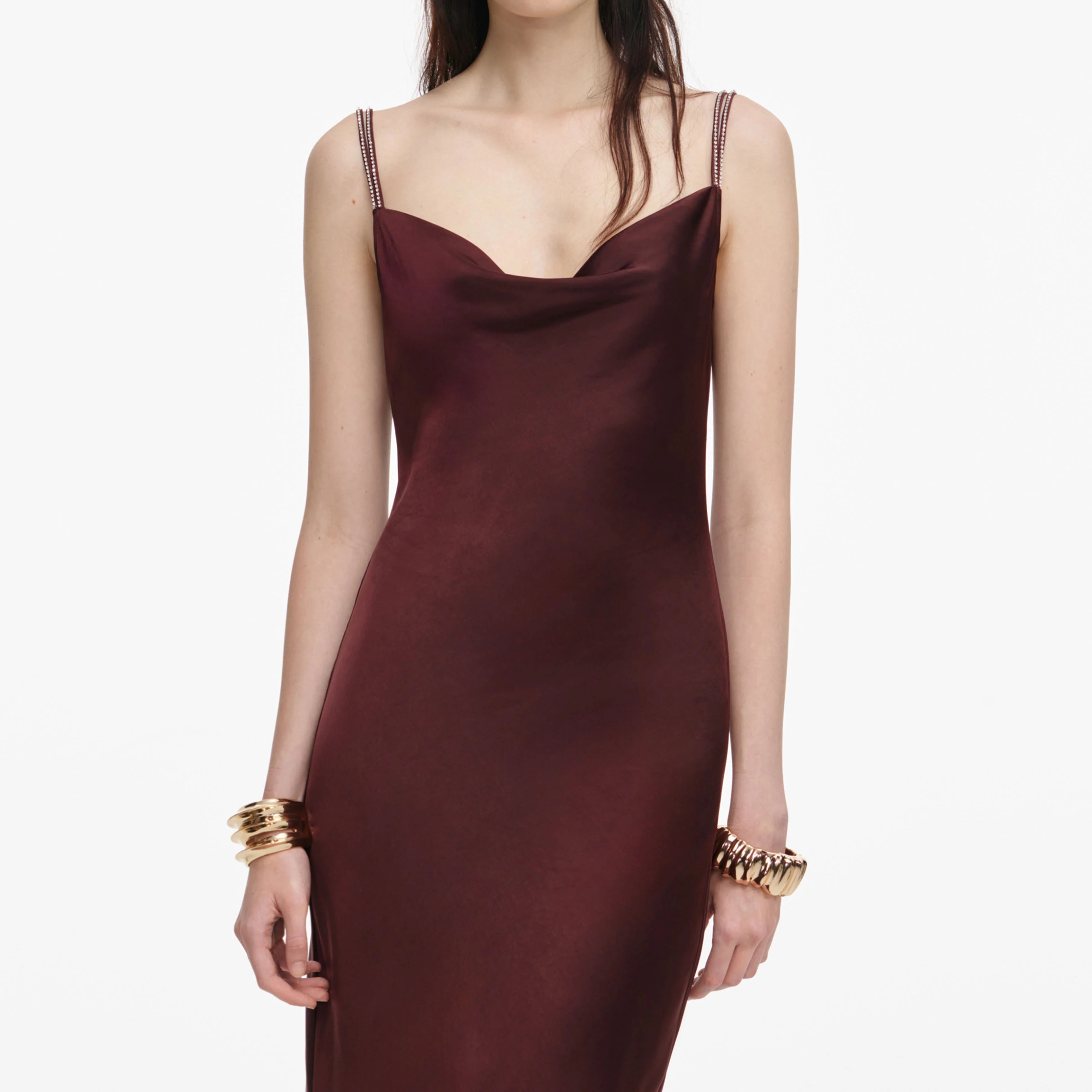Brown Satin Diamante Maxi Dress