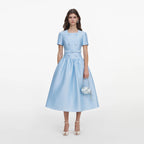 Blue Button Front Taffeta Midi Dress