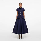 Navy Boucle Taffeta Midi Dress