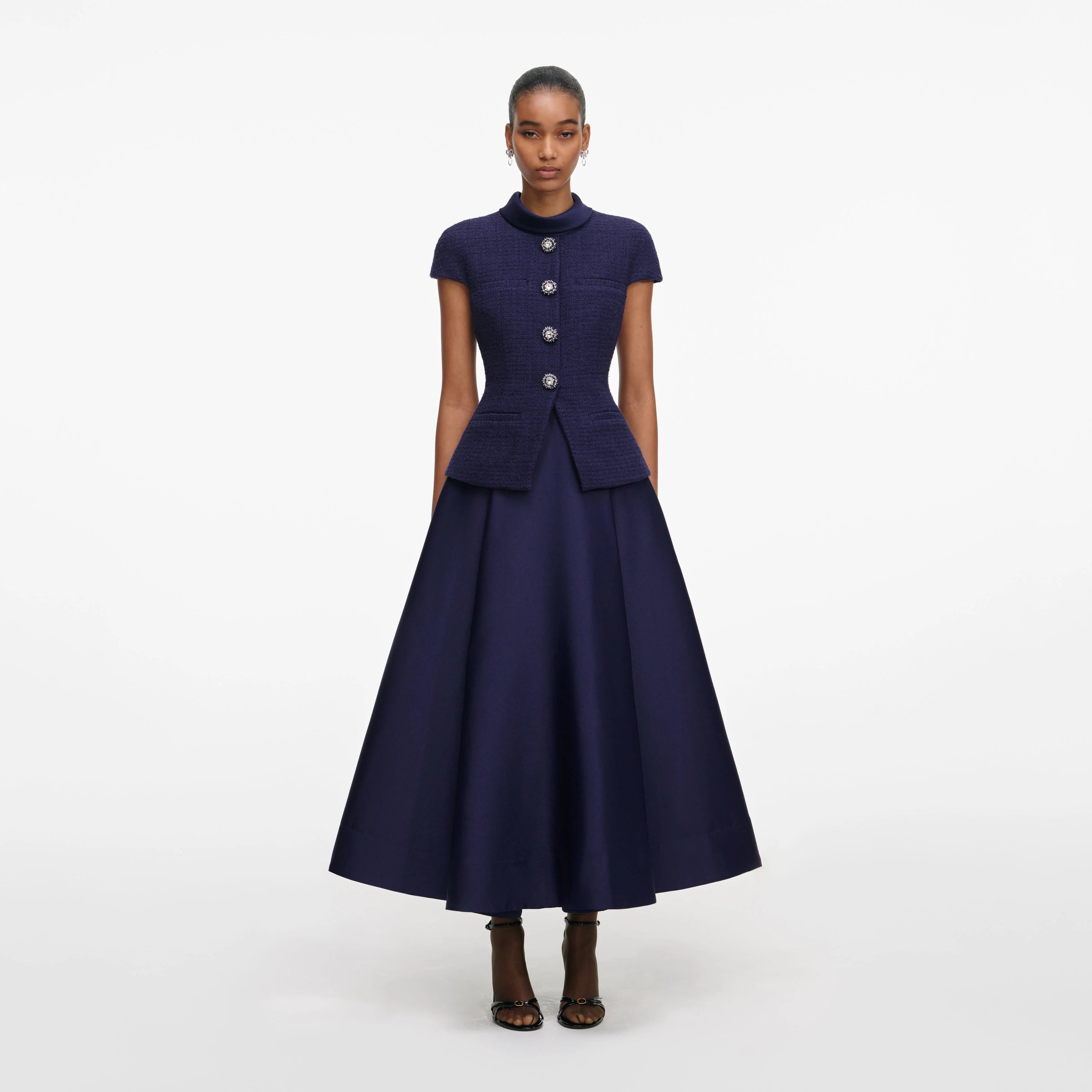 Navy Boucle Taffeta Midi Dress