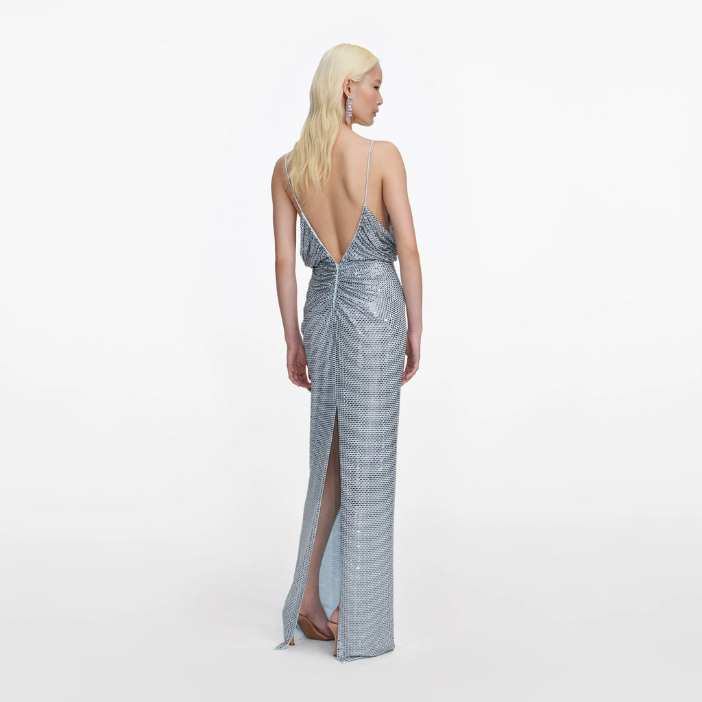 Blue Rhinestone Mesh Maxi Dress