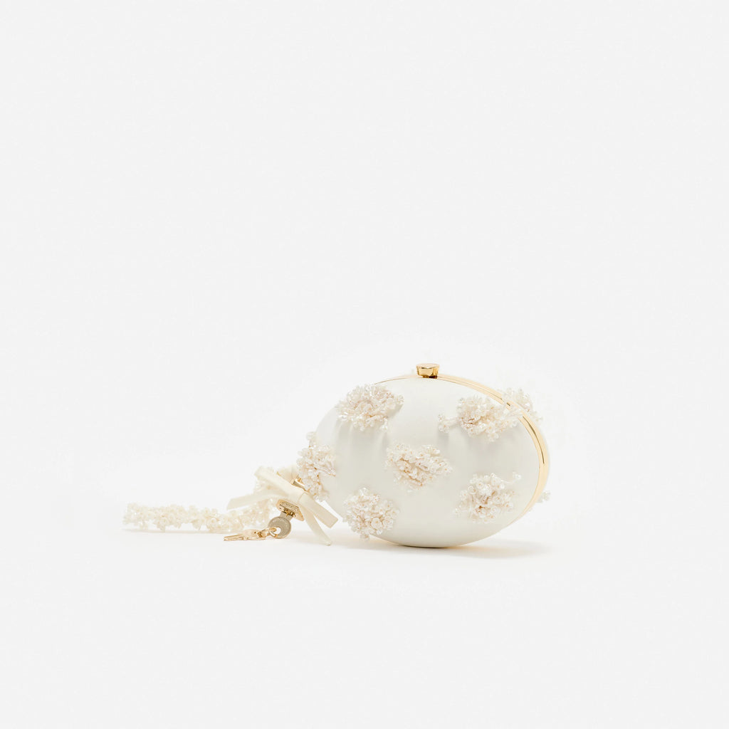 Cream Satin Floral Beaded Oval Clutch