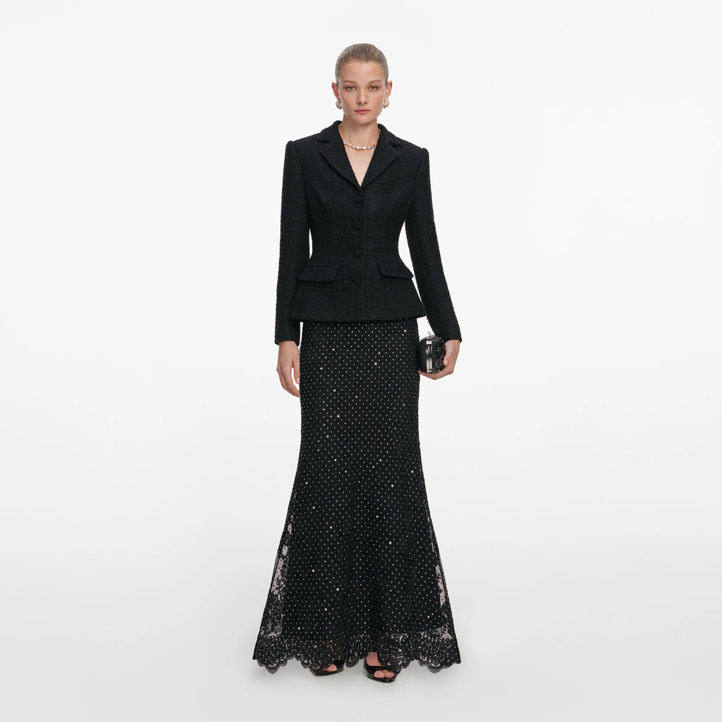 Black Boucle Rhinestone Lace Maxi Dress