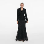 Black Boucle Rhinestone Lace Maxi Dress