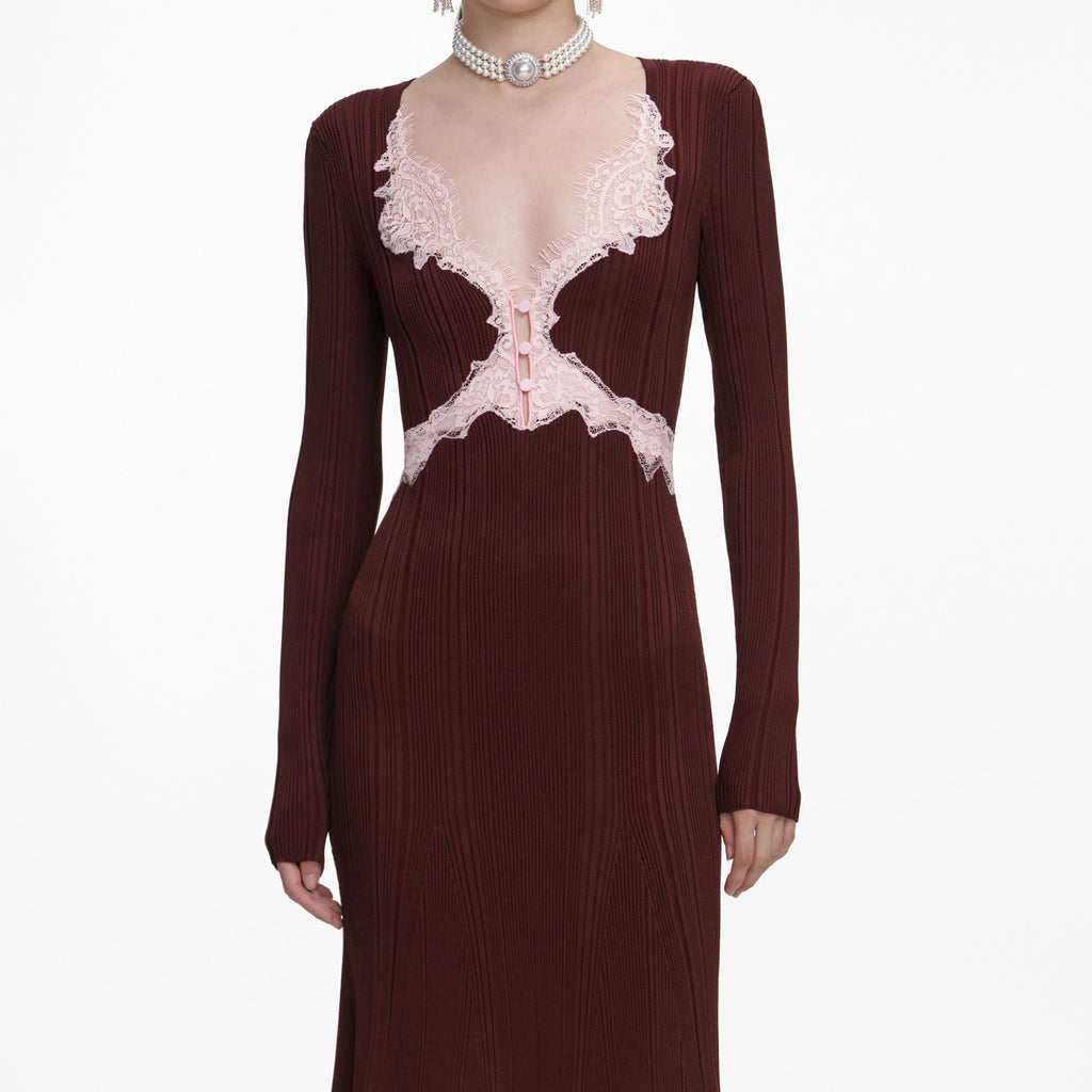 Brown Contrast Lace Knit Midi Dress