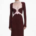 Brown Contrast Lace Knit Midi Dress