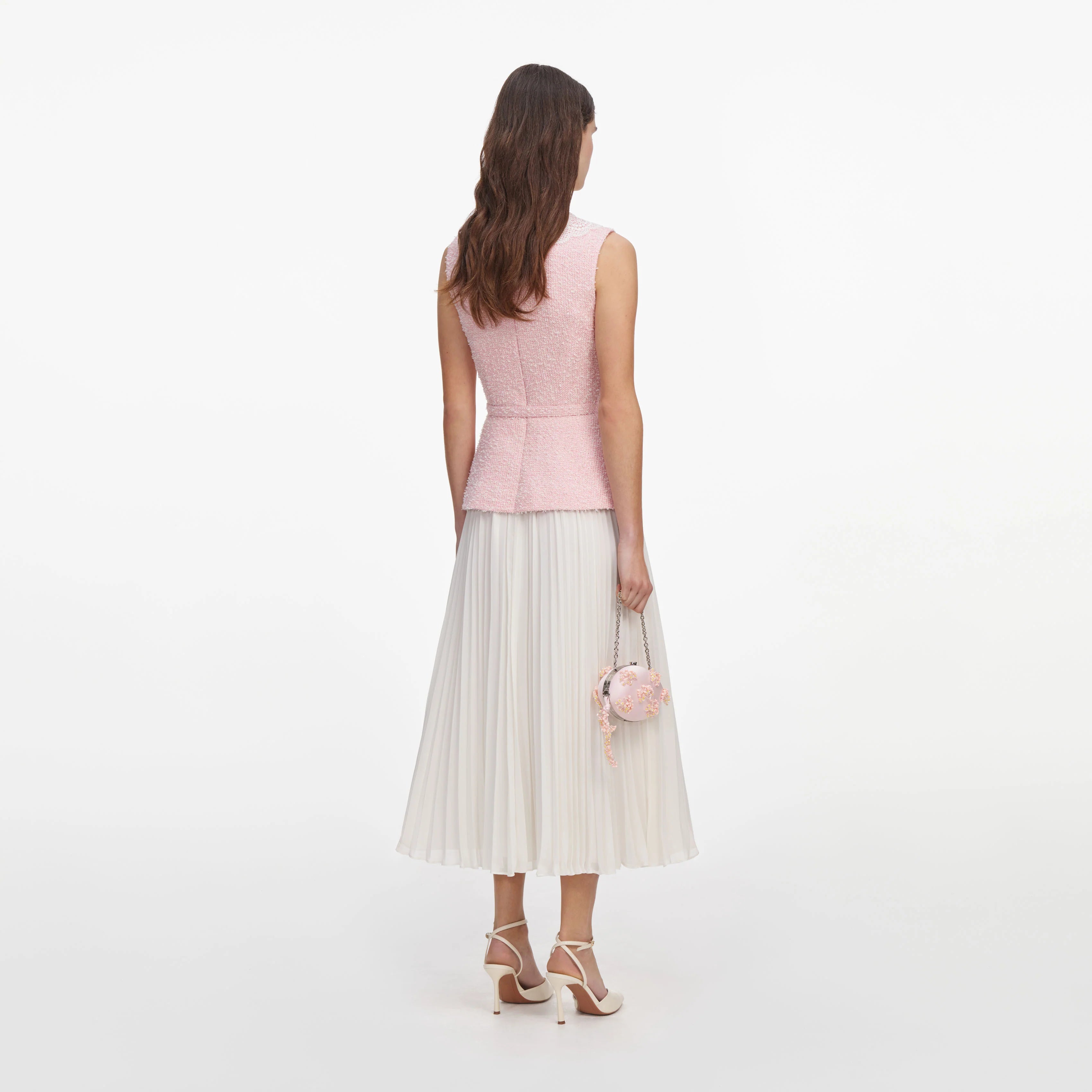 Pink Boucle Lace Collar Midi Dress
